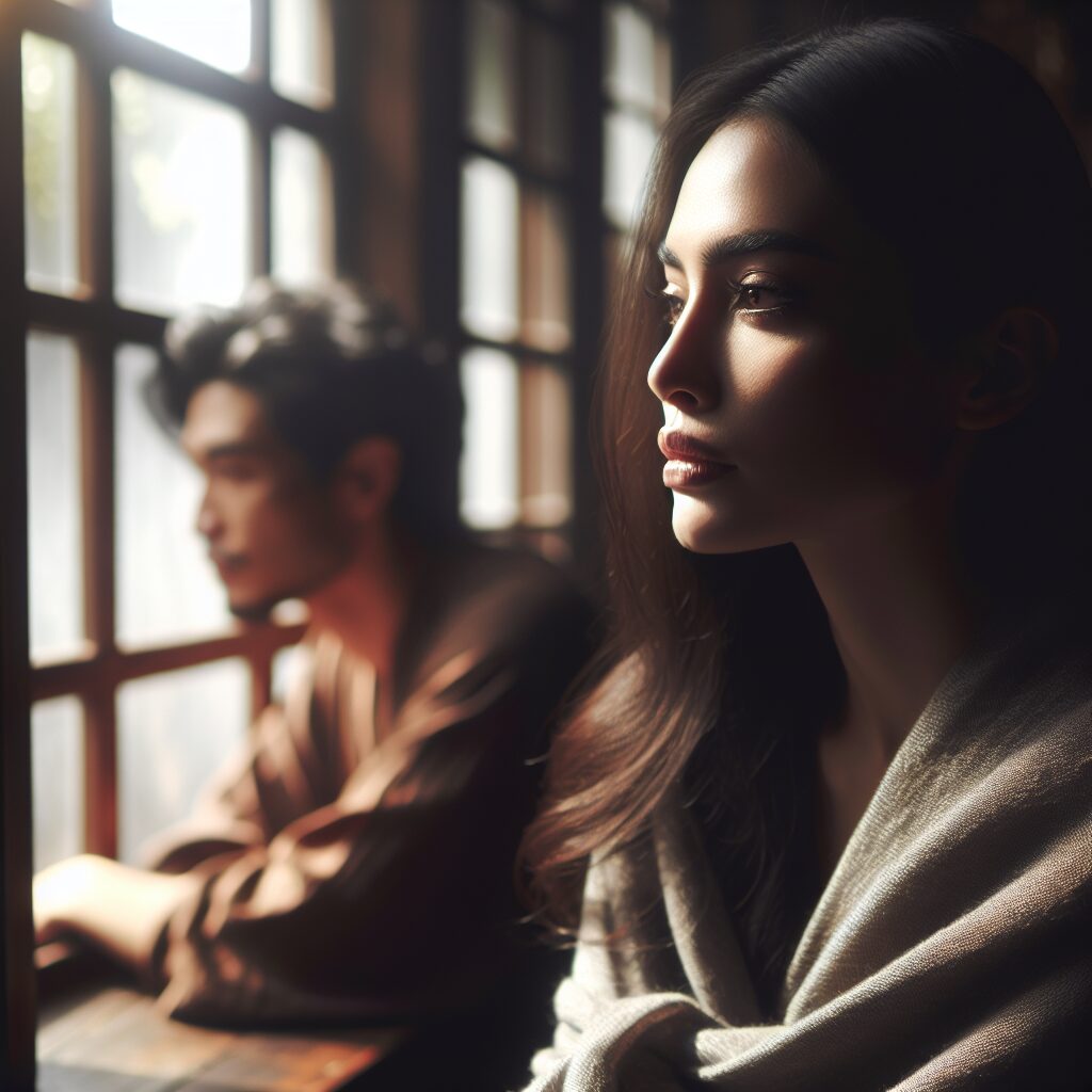 A dramatic, cinematic close-up of a contemplative person gazing out a window with soft natural light casting shadows, evoking introspection and mystery.