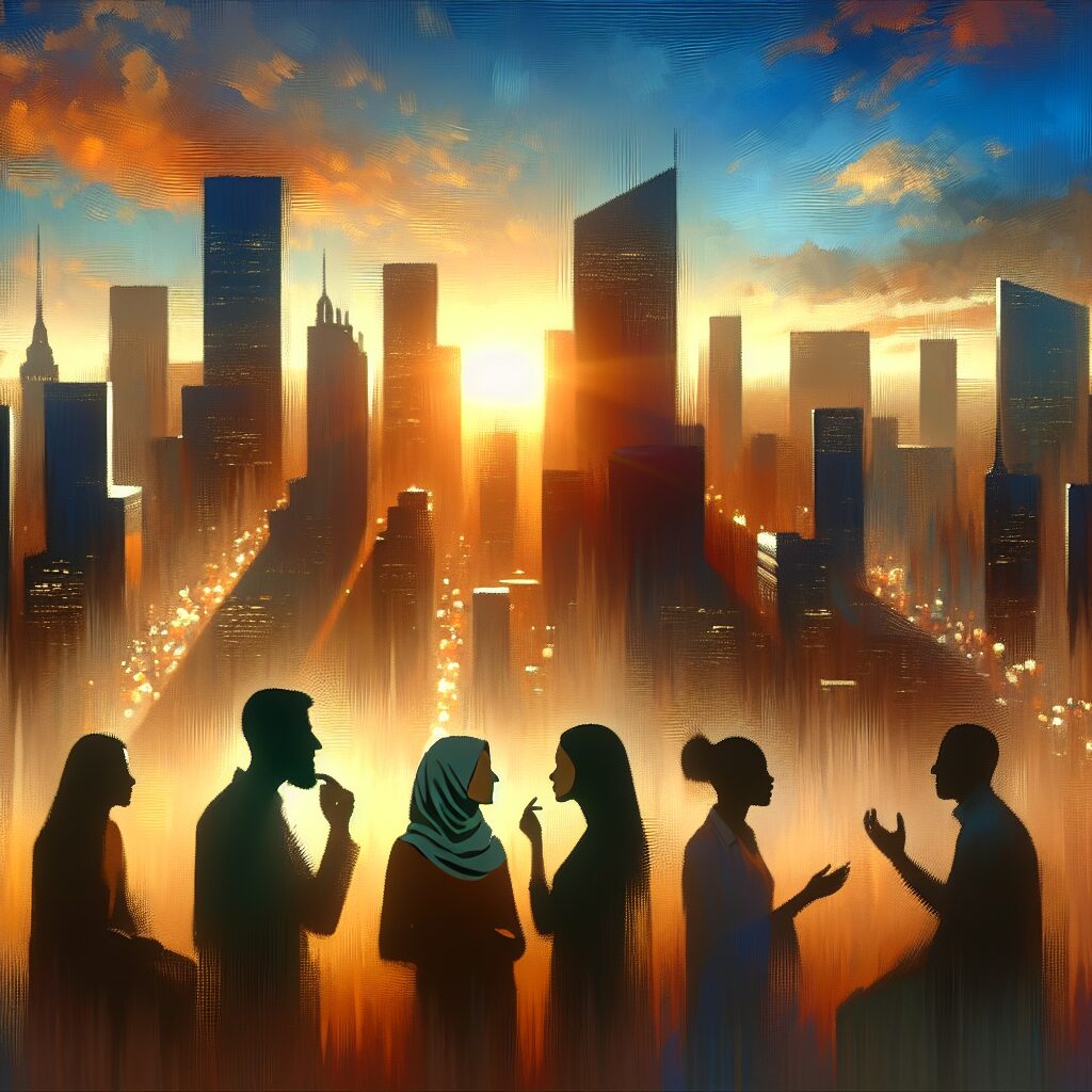 A dramatic cityscape at dusk with dynamic lighting and thoughtful silhouettes of diverse people engaged in conversation, capturing an atmosphere of connection and contemplation.