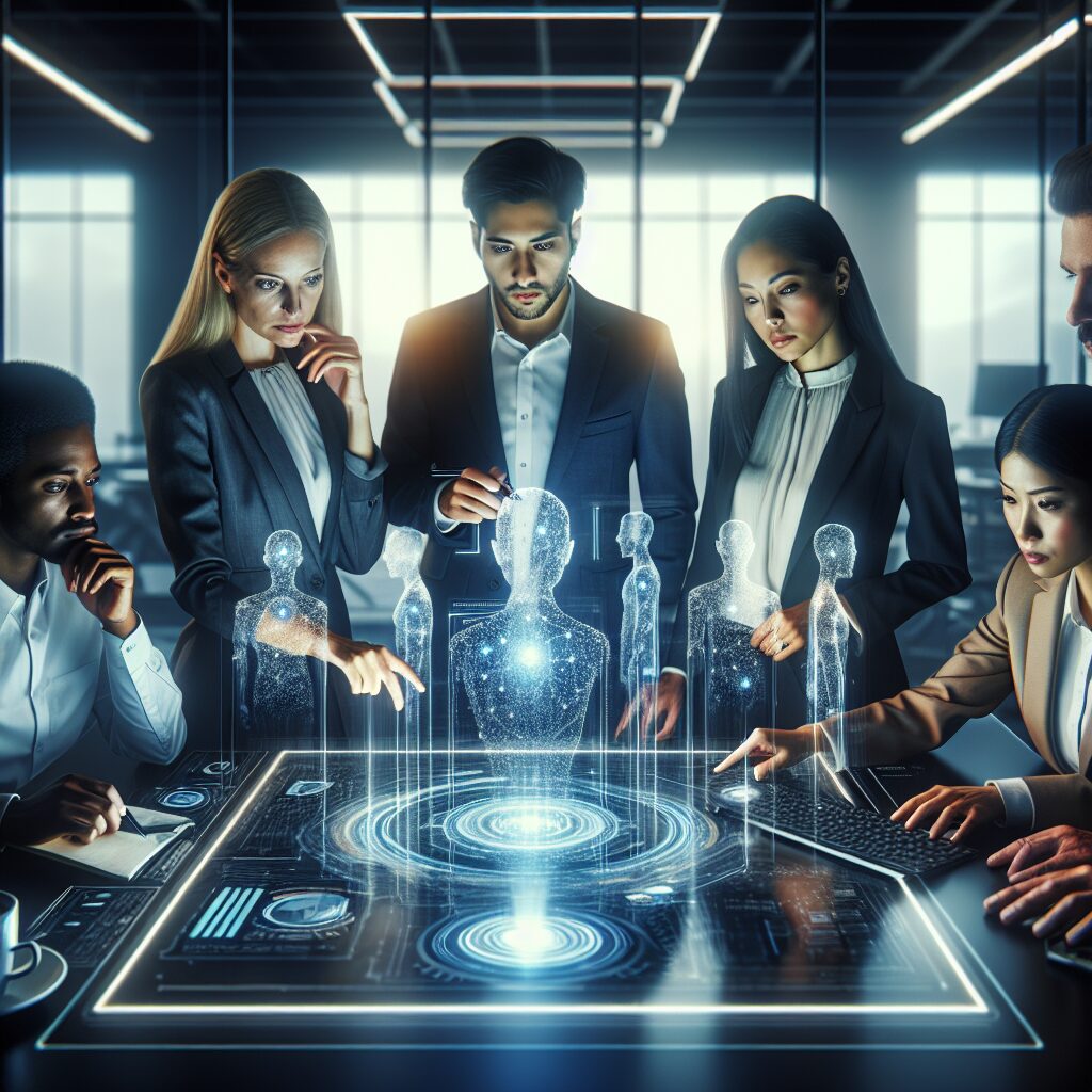 A cinematic editorial image of a diverse group of professionals collaborating over futuristic holographic AI data and digital interface displays in a sleek modern office, highlighting innovation, complex decision-making, and the integration of generative AI technology in enterprise and regulatory contexts.