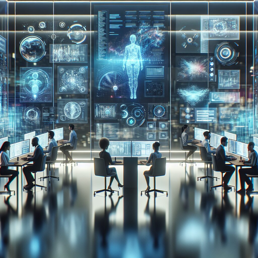 A cinematic editorial scene of a sleek modern workspace featuring multiple transparent digital screens and floating AI interface elements displaying dynamic data visualizations, code snippets, and multimedia content, with a diverse group of professionals collaboratively engaging with futuristic AI assistants integrated seamlessly into an elegant high-tech environment bathed in cool blue and soft ambient lighting.